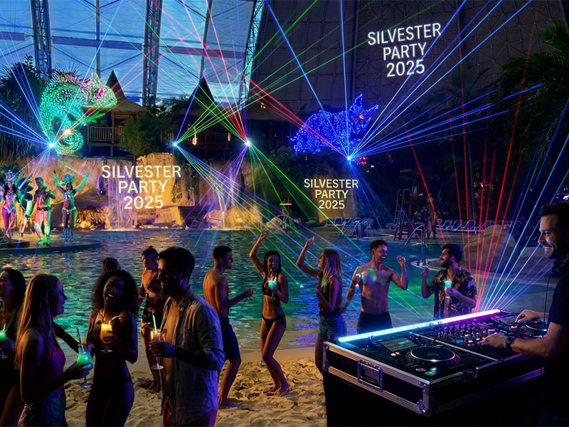 Indoor pool lagoon with DJ, laser show, and people dancing on the beach.