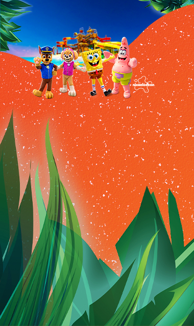 SpongeBob, Patrick, Chase & Skye stehen im Vordergrund, im Hintergrund befinden sich die Rutschen des Jungle Splash vom Tropical Islands.