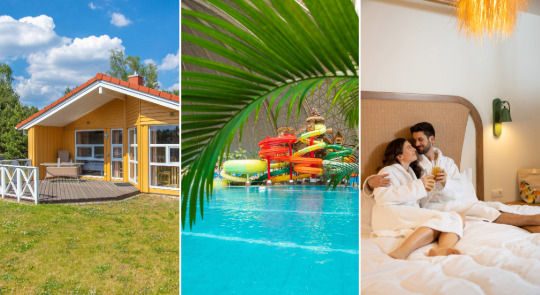 On the left, a yellow vacation home with a white fence under a blue sky; in the middle, an outdoor pool with colorful water slides and palm trees; on the right, two people in white bathrobes on a bed in a cozy room.