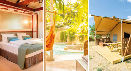 Bild dreigeteilt: Links ein gemachtes Bett, mittag eine Hängematte mit Blick auf Wasserpool und Palmen, rechts ein Lodgezelt im Freien.