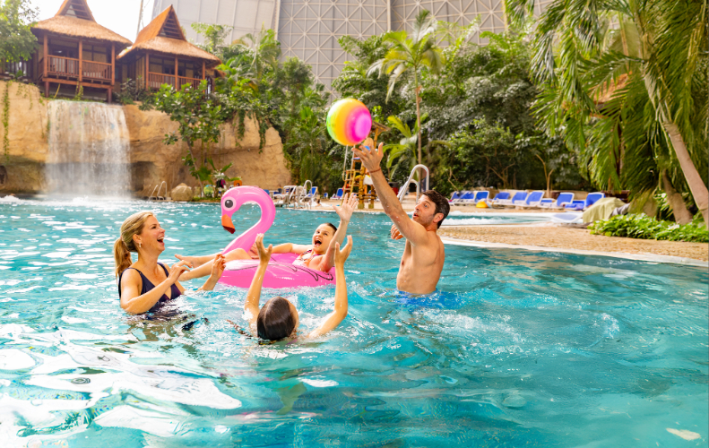 Family enjoying water fun in the lagoon.