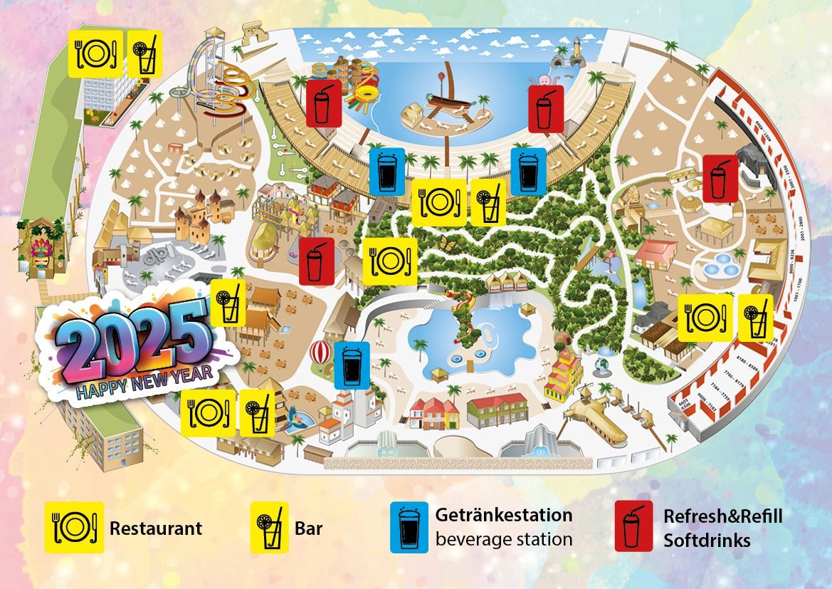 Bunter Lageplan 2025 mit Symbolen für Restaurants, Bars, Getränke- und Nachfüllstationen.