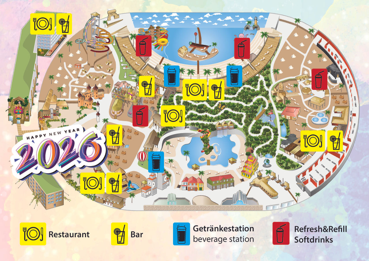 Bunter Lageplan 2025/2026 mit Symbolen für Restaurants, Bars, Getränke- und Nachfüllstationen.