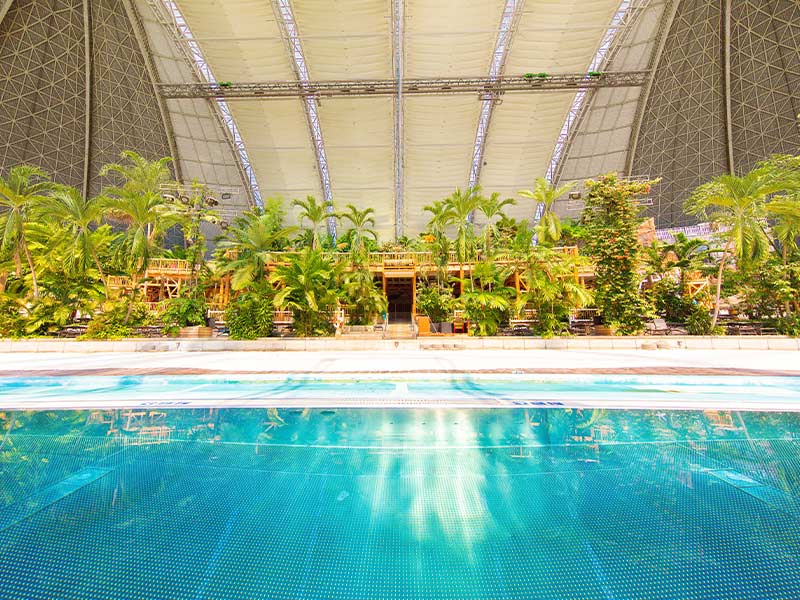 Großes Indoor-Schwimmbecken mit klarem Wasser, umgeben von tropischen Pflanzen
