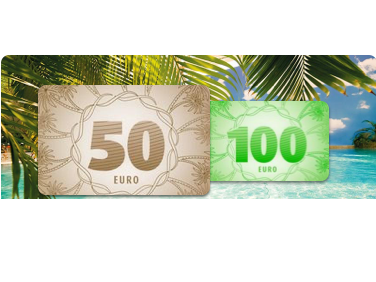  Zwei Euro-Geschenkkarten vor tropischem Hintergrund—eine beige mit 50 EURO, eine grün mit 100 EURO.
