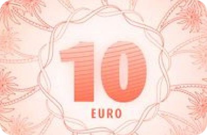 Design mit der Zahl 10 und dem Wort EURO vor rosa-rotem Blumenmuster.