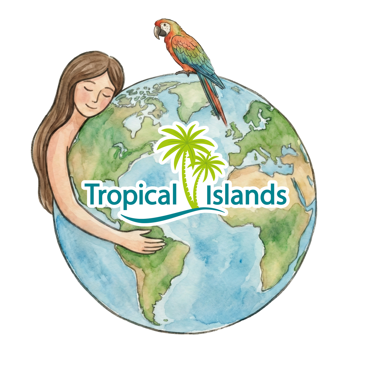 „Eine Frau umarmt eine stilisierte Erdkugel, auf der ein bunter Ara sitzt; davor ist das Tropical‑Islands‑Logo eingeblendet.