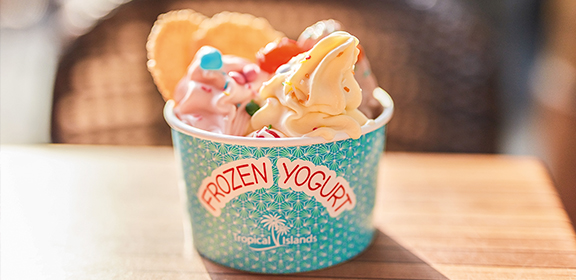 Ein Becher Frozen Yogurt mit bunten Toppings und einer Waffel steht auf einem Tisch.