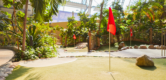 Minigolfanlage mit Putting-Greens, roten Fahnen und tropischer Bepflanzung.