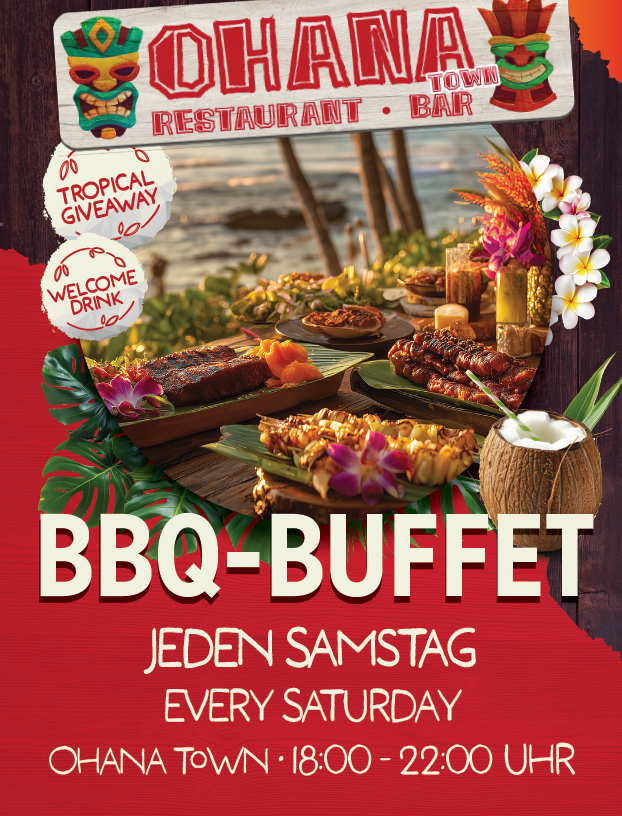 Werbeplakat "BBQ-Buffet" mit tropisch aussehenden Speisen am Strand