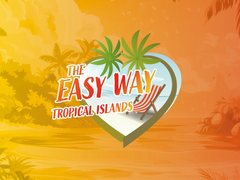 Logo mit Schriftzug „The Easy Way – Tropical Islands“, umgeben von Palmen und einer Hängematte vor tropischem Sonnenuntergang-Hintergrund.