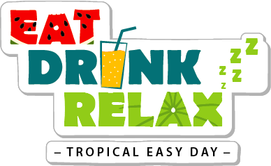 Logo mit Schriftzug "Eat, Drink, Relax“, mit Elementen einer Wassermelone, einem Getränk mit Strohhalm und mehreren "z" Buchstaben. Darunter steht "Tropical Easy Day".