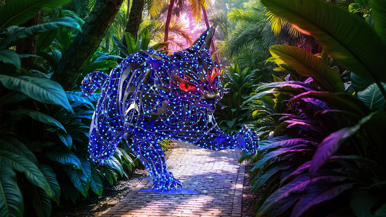 Leuchtende blaue Katze, die ihre Kralle ausfährt.