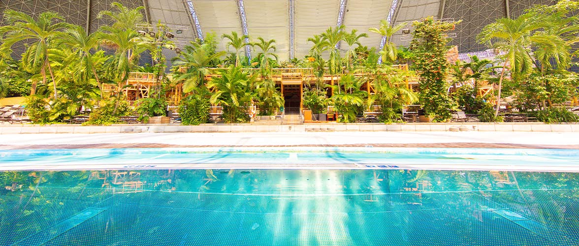 Großes Indoor-Schwimmbecken mit klarem Wasser, umgeben von tropischen Pflanzen