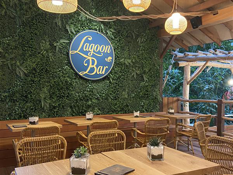 Die Lagoon Bar ist mit Holztischen, Korbstühlen, grüner Wandbegrünung und stimmungsvoller Beleuchtung gestaltet.