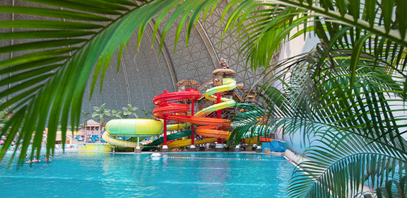 Bunte Wasserrutschen des Jungle Splash führen in ein großes Becken, eingerahmt von Palmenblättern, mit Liegen und Strohdächern im Hintergrund.