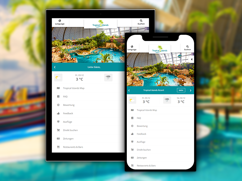 Tablet und Smartphone zeigen die Benutzeroberfläche des Tropical Islands Resorts mit Bild eines tropischen Pools und Menüpunkten