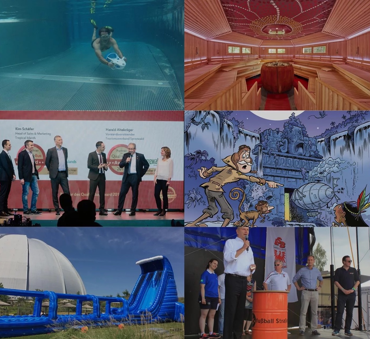  Collage mit Taucher, Holz-Spa, Eventbühne, Entdecker-Illustration, Wasserrutsche und Personen bei orangen Fässern.