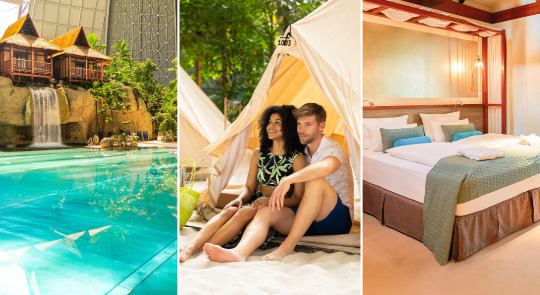 Dreigeteiltes Bild: Pool mit Wasserfall, Zelt in grüner Natur mit zwei Personen, gemütliches Hotelzimmer mit Bett.