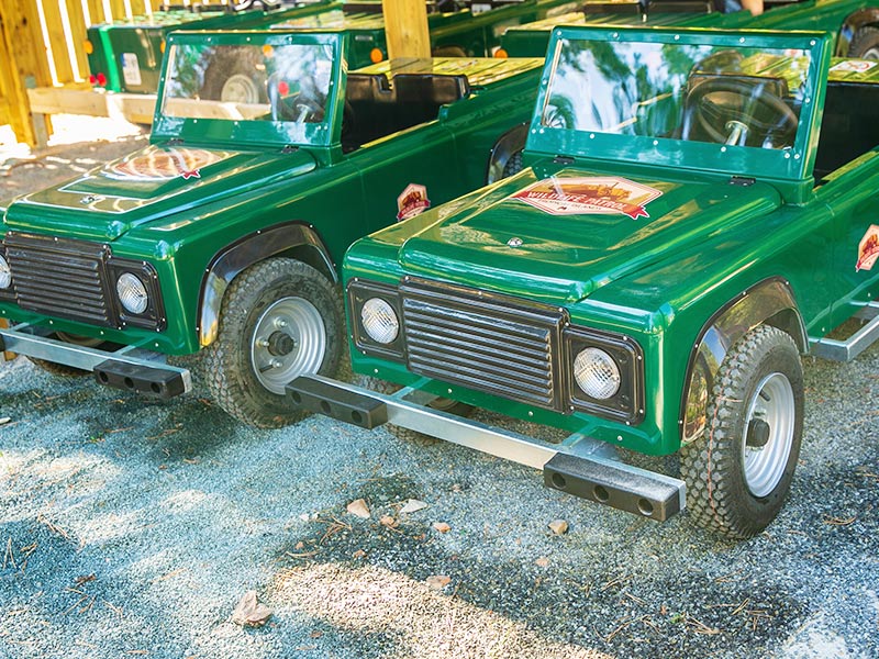 Zwei grüne Mini-Cars im Offroad-Stil auf einem Kiesboden.
