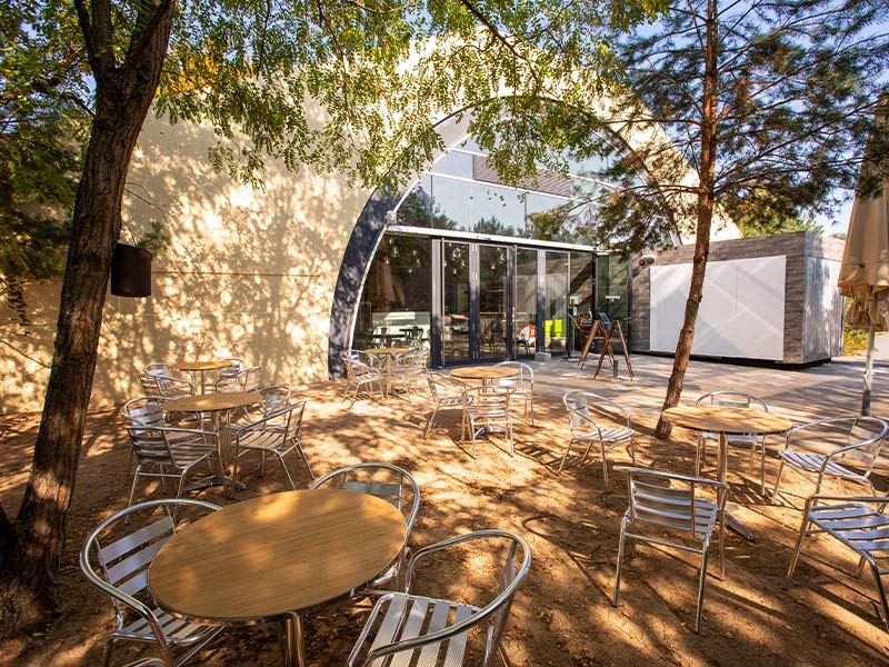 Sitzbereich im Freien mit Holztischen und Metallstühlen unter Bäumen vor dem Shop & Bistro mit Glasfassade.