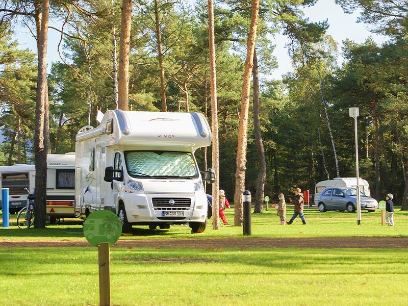 Campingplatz mit Wohnmobilen und Menschen im Wald.
