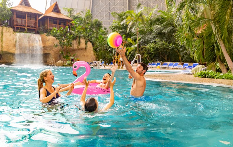 A family enjoying water activities in the lagoon.