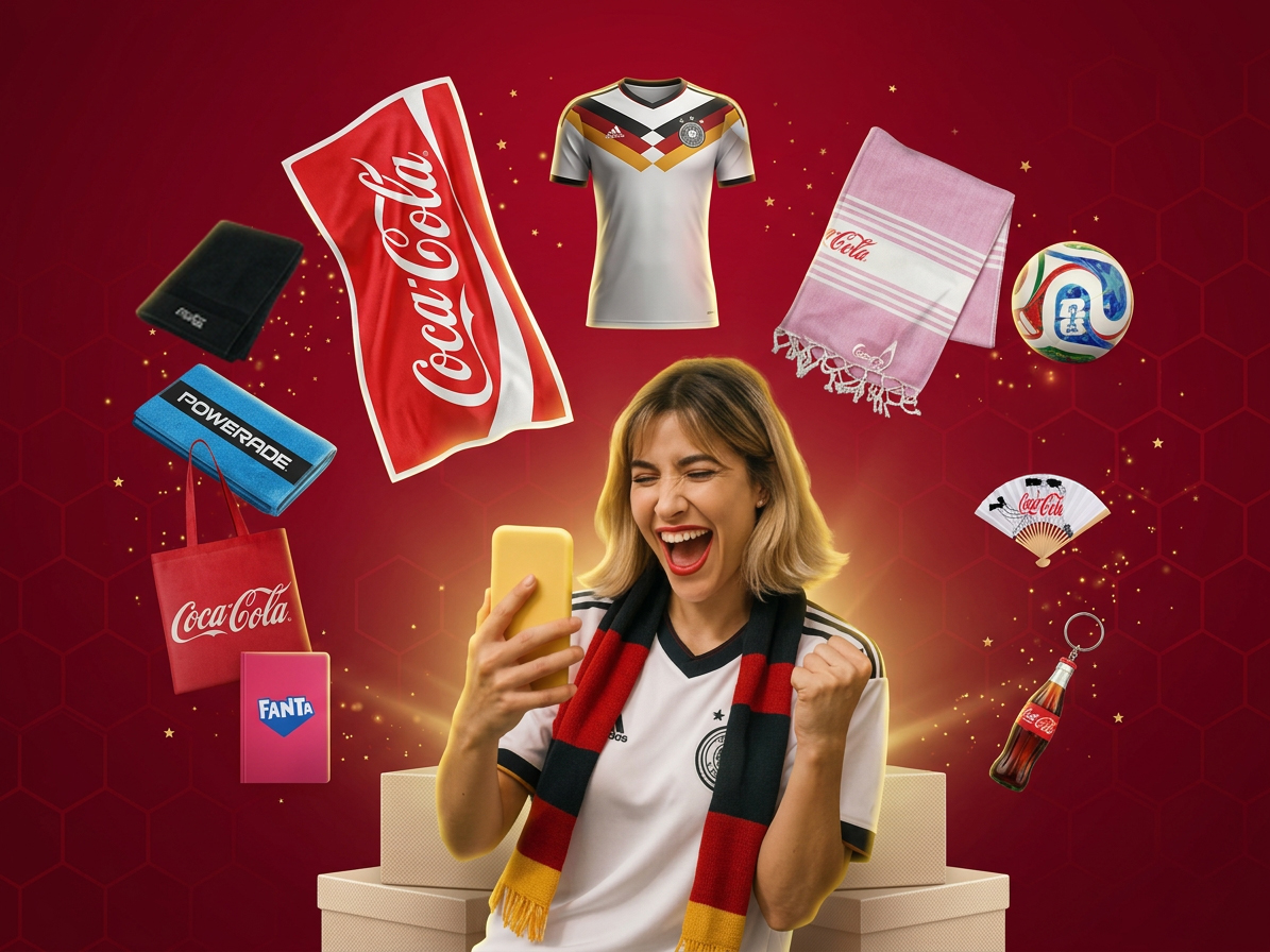 Person wearing a football jersey and black, red and gold scarf holding a smartphone in front of a red background with Coca‑Cola merchandise including jersey, towels, ball, bag and drink bottle