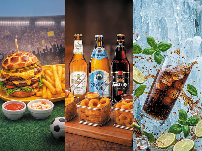 A picture of a WM Burger with fries, beer bottles with cheese rings, and a glass of Coke with ice.