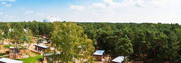 View over a forested area with small buildings and a large dome in the background under a partly cloudy sky.