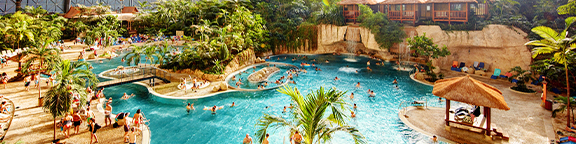 The lagoon: large pool with palm trees, glass roof and thatched huts in a tropical setting.