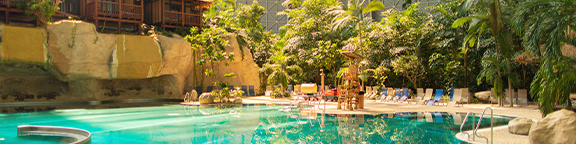 Lagoon with swimming pool, surrounded by tropical plants and sun loungers; wooden structure in the background