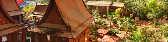 Traditional wooden houses with pointed roofs, surrounded by lush greenery and plants and overlooking the tropical village.