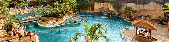 Lagoon with bridge, palm island and many bathers; tropical design with rocks and sun loungers