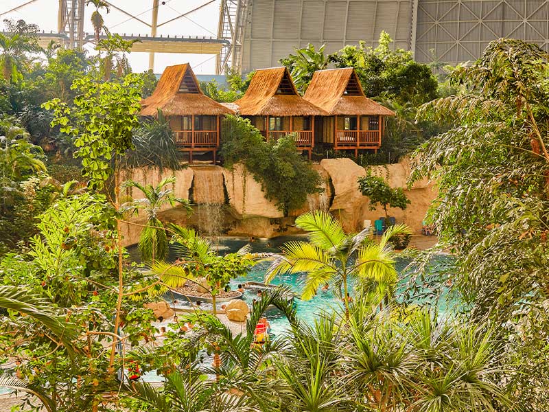 The Waterfall Suites: Three thatched wooden huts on rocks, surrounded by tropical vegetation and the lagoon.The Lagoon: Large pool with palm trees, glass roof and thatched huts in a tropical setting.