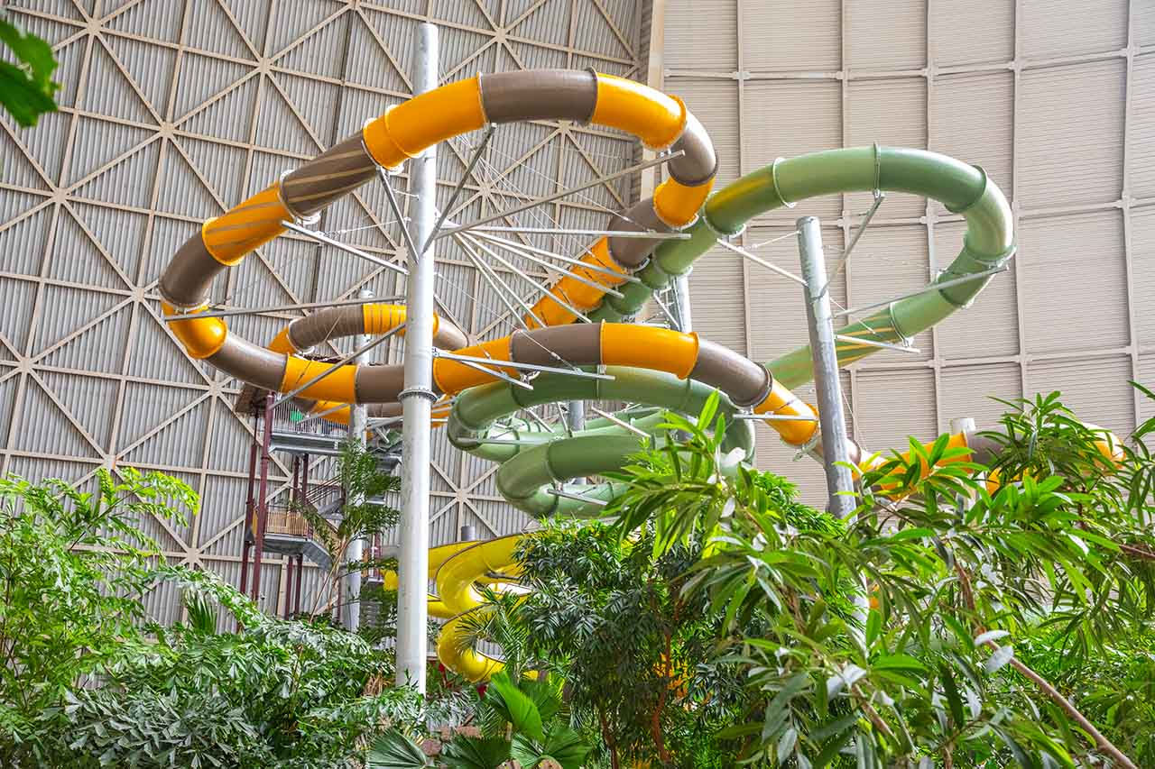 Water slide tower with colorful tube slides, white beams and tropical plants under a domed roof.
