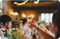 A group of people toasts with glasses at a celebration, with string lights and floral decorations in the background.