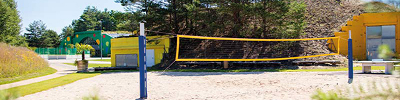 Sand volleyball court with yellow net and blue posts, surrounded by trees and yellow buildings.