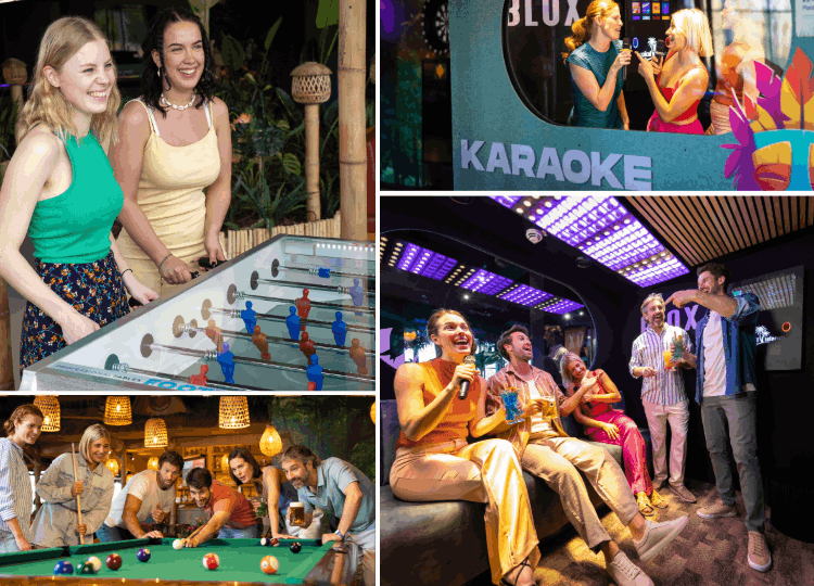 Collage with scenes: Foosball, karaoke, billiards and karaoke lounge