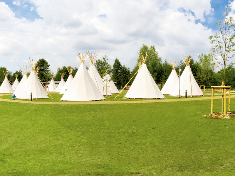 White tepees on a meadow under a partly cloudy sky, surrounded by trees.